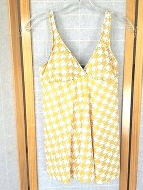 New One-Piece Bathing Suit Dress Yellow Houndstooth Check Size Small NWT